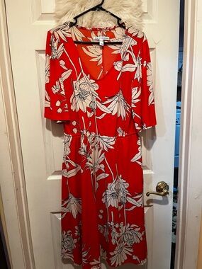Bright Red Floral V-Neck Midi Dress by Old Navy
